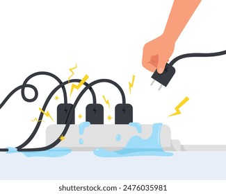 Hand holding a plug with wet electric shock, Overload plug in power outlet in. Electric risk burn.