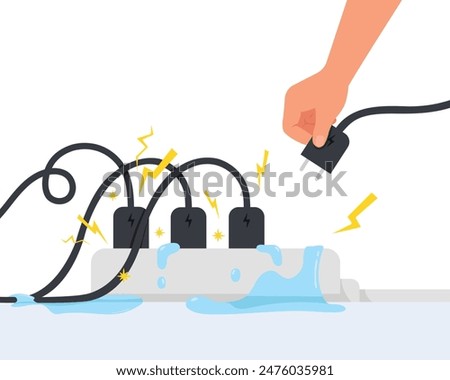 Hand holding a plug with wet electric shock, Overload plug in power outlet in. Electric risk burn.