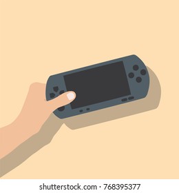 Hand holding a pocket console, vector illustration design. Hands collection.