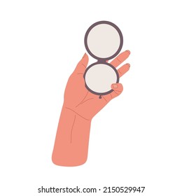 Hand holding pocket mirror for makeup.Womans hand holds pocket,round mirror.Simple vector illustration in flat style,isolated on white background.