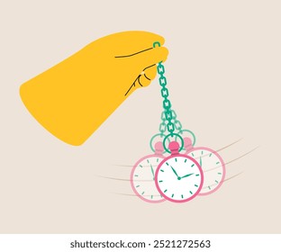 Hand holding pocket watch. Hypnosis concept silhouette. Colorful vector illustration
