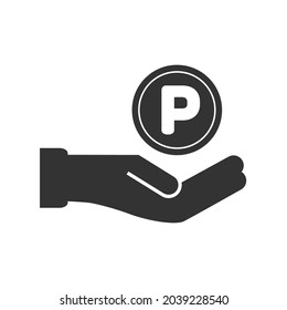 Hand holding Point coin or Currency symbol of penny, peso, pula on isolated white background.  Earning points, Saving money, Accumulate, or Sales promotion concept.