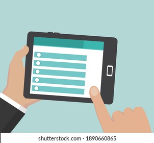 Mano sosteniendo y señalando a la tableta digital. Pantalla de dos manos e información. Aislado sobre fondo azul. Ilustración del vector