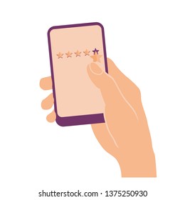 Hand holding and pointing on mobile phone with five stars on screen. The best estimate. Flat design isolated on white.