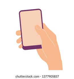 Hand holding and pointing on mobile phone with blank screen isolated on white. Flat design.