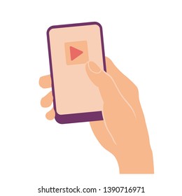 Hand holding and pointing on mobile phone with media player app on screen. Flat design vector illustration isolated on white.