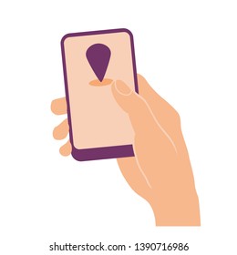 Hand holding and pointing on mobile phone with gps tracker sign on screen. Flat design vector illustration isolated on white.