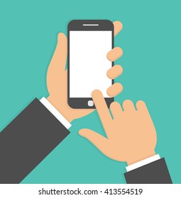 Hand holding and pointing to a smartphone with blank screen. Flat design