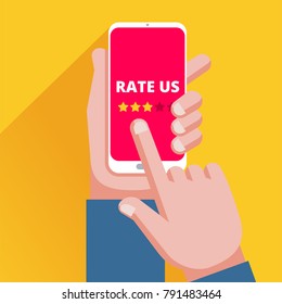 Hand holding and pointing smartphone with five star rating on screen. Rating and review concept. vector illustration in flat style
