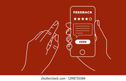 Hand holding and pointing to smartphone mobile with five star on screen and send message. Feedback, rating and review concept. Line vector EPS10 illustration