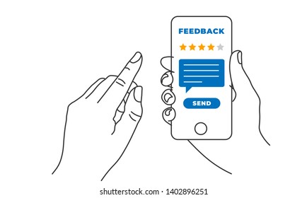 Hand holding and pointing to smartphone mobile with five star on screen and send message. Feedback, rating and review concept. Line vector EPS10 illustration