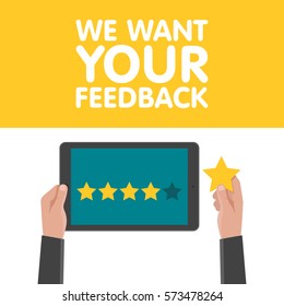 Hand Holding And Pointing To A Tablet With Five Star On The Screen. Rating And Review Concept. Vector Illustration.