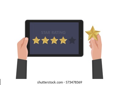 Hand holding and pointing to a tablet with five star on the screen. Rating and review concept. Vector illustration.