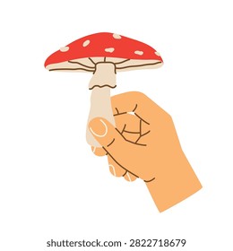 hand holding a poisonous toadstool mushroom, ideal for autumn, forest, nature, warning, toxic, and fairy tale themed creative projects - vector illustration