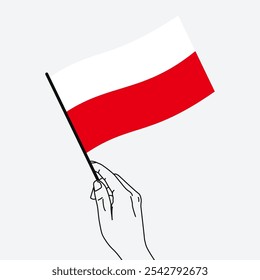 Hand holding Poland flag in line art drawing style. Poland hand Flag waving. Vector illustration