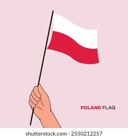 Hand holding Poland flag in line art drawing style. Poland hand Flag waving. Vector illustration