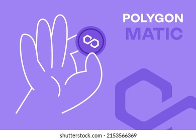 Hand holding Polygon coin, cryptocurrency editable vector. MATIC logo, crypto flat design banner. (matic) token on purple background, for apps, web and animation.