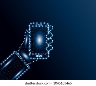 Hand holding polygon smartphone with lines, triangles, dots connecting network on blue background. Mobile Internet technology, Polygonal low poly design illustration. Business wireframe concept.