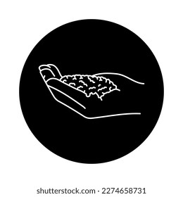 Hand holding polymer granules black line icon. Ecology pollution. Pictogram for web page, mobile app, promo.