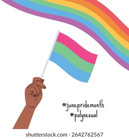 A hand holding polysexual pride flag. LGBT pride month square banner. Vector illustration for an annual celebration of gender diversity