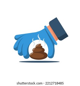 Mano sosteniendo caca. Recoge y elimina. Por favor, mantén limpia tu mascota. Mano en un guante o una bolsa de plástico. Quítate la mierda. Diseño plano de ilustración vectorial. Aislado sobre fondo blanco.