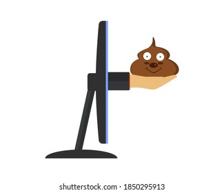 Mano sosteniendo caca. Ella es de una pantalla de monitor de computadora. El concepto de engaño, fraude e información falsa en internet. Ilustración vectorial aislada, icono sobre fondo blanco.