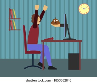 Hand holding poop. She is from a computer monitor screen. The concept of deception, fraud and false information on the Internet. Vector illustration on white background.