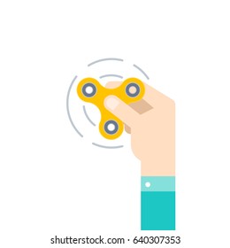 Hand holding popular fidget spinner toy, stress relief.  Flat style vector illustration 