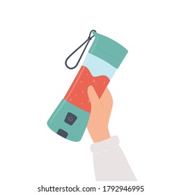 Hand holding a portable blender for smoothies and mixed drink. Hand drawn vector illustration