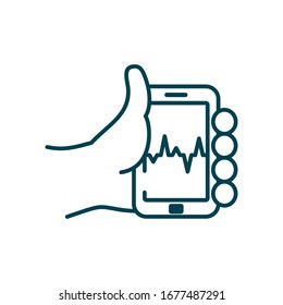 hand holding a portable cardio monitor icon over white background, line style, vector illustration
