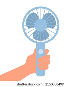 Hand holding portable fan in flat design on white background.