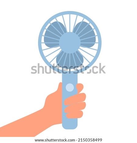 Hand holding portable fan in flat design on white background.