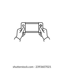 Hand holding portable game console, vector linear icon.