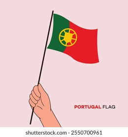 Hand holding Portugal flag in line art drawing style. Portugal hand Flag waving. Vector illustration