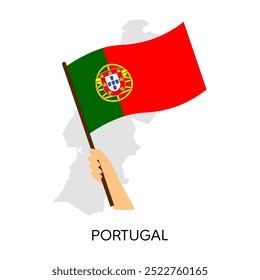 Mano que sostiene la bandera portuguesa del país en la silueta del mapa