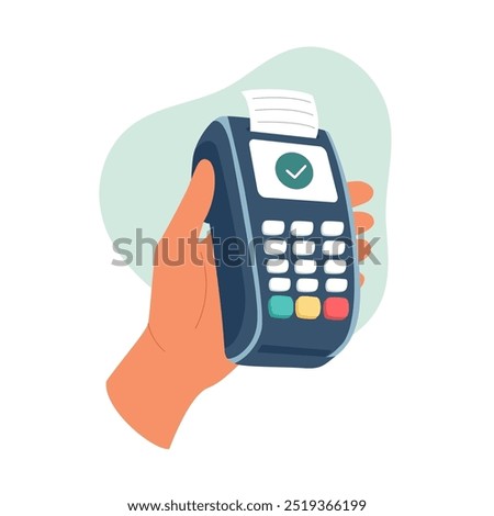 Hand holding POS payment terminal, printing a receipt indicating successful approved transaction