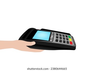 Hand Holding POS - Point of Sale Terminal or Credit Card Reader Machine. Vector Illustration. 