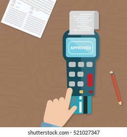 Hand holding pos terminal and pushing credit card in to it. Using pos terminal concept. Flat style