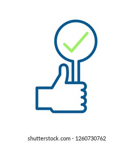 Hand holding a positive check mark sign. Vector trendy thin line icon illustration 