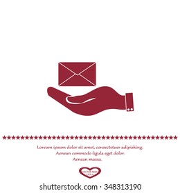 hand holding a postal envelope sign. icon envelope