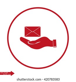 hand holding a postal envelope sign. icon envelope