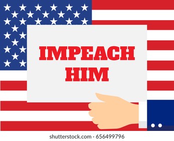 Hand Holding a Poster with the Impeachment Word on the USA Flag Background. Flat Style Vector Illustration