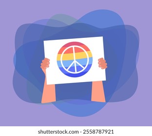 Hand holding poster or sign with colorful peace symbol. Person protesting, peace sign with rainbow colors flat vector illustration. Peace, demonstration concept for banner or landing web page