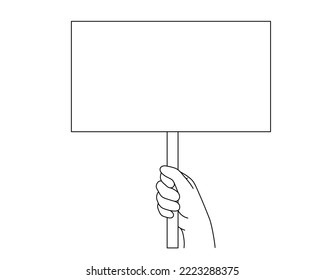 Hand is holding poster,palm with placard.Showing social message Demonstration of opinion human rights,peaceful protest blank template, democracy concept.Editable stroke.Isolated.Vector illustration