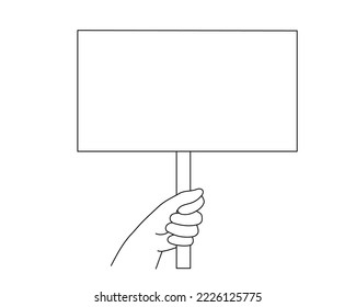 Hand is holding poster,palm with placard.Showing social message Demonstration of opinion human rights,peaceful protest blank template, democracy concept.Editable stroke.Isolated.Vector illustration