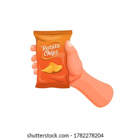 Hand Holding Potato Chips Snack Pack In Cartoon Illustration Vector Isolated On White Background