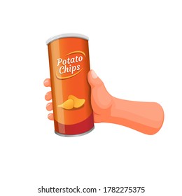 Hand holding potato chips in tube can packaging. snack food product concept in cartoon illustration vector on white background