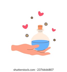 hand holding potion flask with hearts