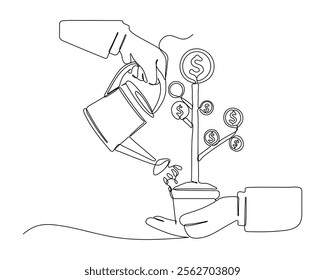 a hand holding a potted plant with dollar signs on its branches, while another hand waters the plant with a watering can. continuous line drawing concept of nurturing financial growth and investment. 