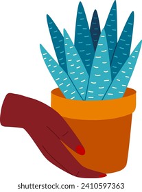 Hand holding a potted plant, indoor gardening concept, care for houseplants. Green thumb hobby, urban jungle decor vector illustration.